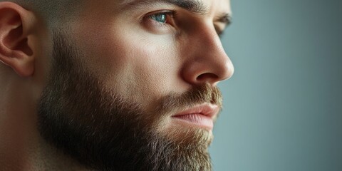 Obraz premium A close up view captures a bald man sporting a neatly groomed beard, emphasizing his clean shaven head and carefully maintained facial hair.