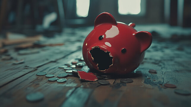 Broken piggy bank with coins scattered around, symbolizing financial struggle and the need for careful budgeting and saving.