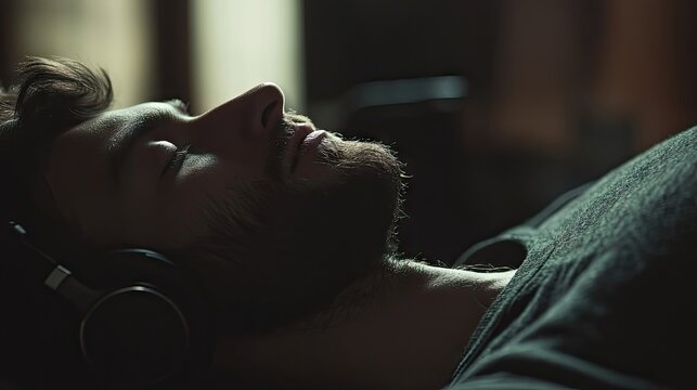 Resting man in soft focus wearing headphones, creating a serene atmosphere. Soft focus enhances the mood, emphasizing the mans relaxation with ample copy space for text.