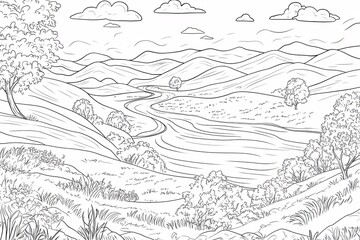 Fototapeta premium Black and white line drawing of a scenic landscape with rolling hills, a winding road, and lush vegetation. Generative ai