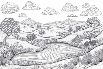 Fototapeta premium Black and white illustration of a serene landscape with rolling hills, a meandering river, and scattered trees under a cloudy sky.
