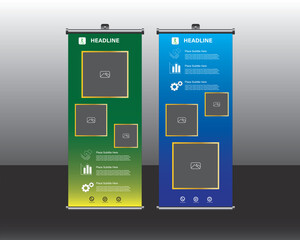 Roll up banner Design, roll up brochure flyer banner design vertical template vector, abstract geometric background, modern Roll up banner template, Rectangle space, 3 space roll up banner