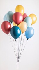 A bunch of pastel-colored balloons tied together with strings against a white background. Generative ai