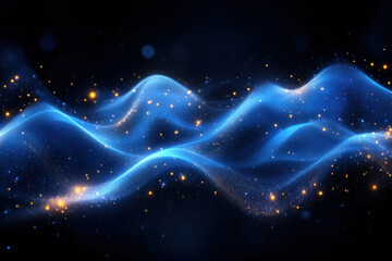 Fototapeta premium Abstract blue glowing waves with sparkling particles on a dark background.