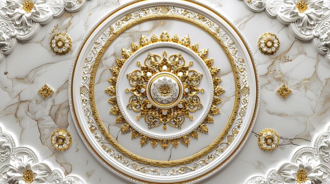 Fototapeta Ornate gold and white ceiling medallion.
