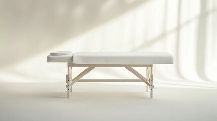 Spa Treatment Table: A pristine white massage table stands ready for relaxation and rejuvenation, bathed in soft natural light streaming through sheer curtains.