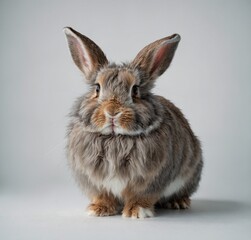 Obraz premium A cute, fluffy rabbit with long ears standing alert on a white background.