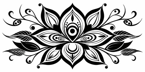 abstract floral design, black and white, symmetrical pattern, stylized flowers, elegant swirls, graphic elements, artistic motif, minimalist decor, botanical theme, modern illustration, mandala vector