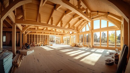 Wide-angle view of the interior frame of a new wooden house under construction, with exposed beams and natural light streaming in
