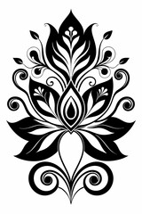 abstract floral design, black and white, symmetrical pattern, stylized flowers, elegant swirls, graphic elements, artistic motif, minimalist decor, botanical theme, modern illustration, mandala vector