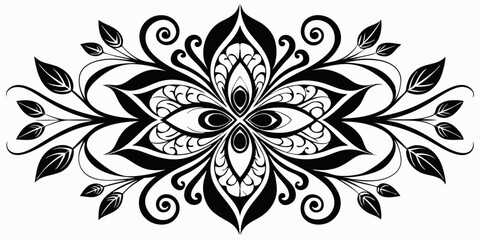 abstract floral design, black and white, symmetrical pattern, stylized flowers, elegant swirls, graphic elements, artistic motif, minimalist decor, botanical theme, modern illustration, mandala vector