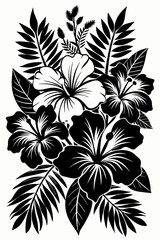 abstract floral design, black and white, symmetrical pattern, stylized flowers, elegant swirls, graphic elements, artistic motif, minimalist decor, botanical theme, modern illustration, mandala vector