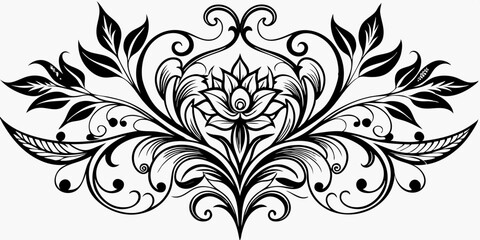 abstract floral design, black and white, symmetrical pattern, stylized flowers, elegant swirls, graphic elements, artistic motif, minimalist decor, botanical theme, modern illustration, mandala vector