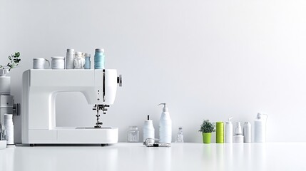 White sewing machine with various bottles and plants on white background.