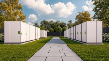 Obraz premium Modular energy storage units in a minimalist design for sustainable and efficient energy management solutions.