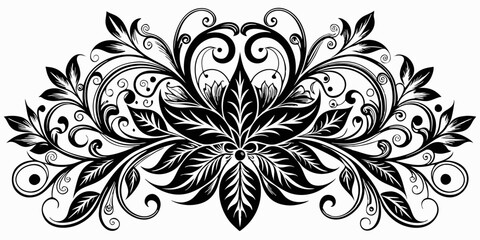 abstract floral design, black and white, symmetrical pattern, stylized flowers, elegant swirls, graphic elements, artistic motif, minimalist decor, botanical theme, modern illustration, mandala vector
