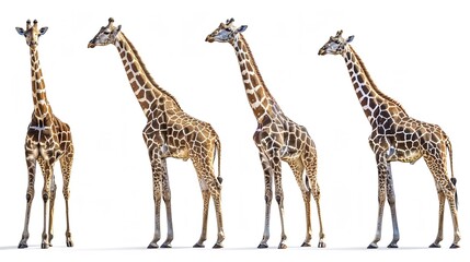 Obraz premium Four giraffes standing side by side, facing the right in isolated on transparent background