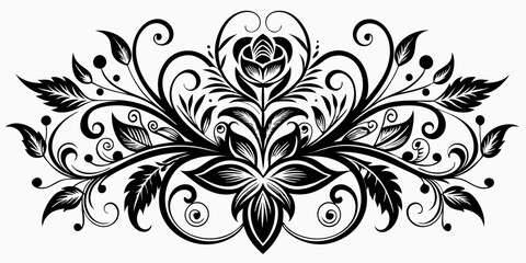 abstract floral design, black and white, symmetrical pattern, stylized flowers, elegant swirls, graphic elements, artistic motif, minimalist decor, botanical theme, modern illustration, mandala vector