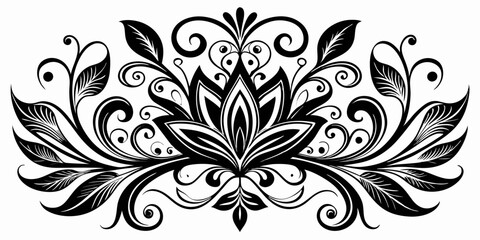 abstract floral design, black and white, symmetrical pattern, stylized flowers, elegant swirls, graphic elements, artistic motif, minimalist decor, botanical theme, modern illustration, mandala vector
