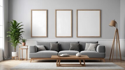 Comfortable sofas and multiple pictures frame on wall in living room