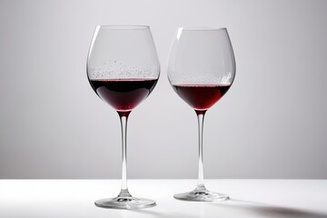 there are two wine glasses sitting on a table with a white background