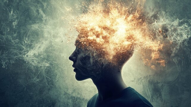 Mind blown concept with an explosion of ideas or creative elements coming out of a person's head