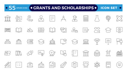 Grants and Scholarships outline icon set. Containing education, research, academic, degree, discipline, bachelor, anpost-graduate icon. Scholarship financial aid, grant. Editable stroke outline icon.
