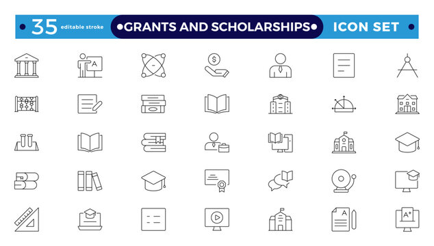 Grants and Scholarships outline icon set. Containing education, research, academic, degree, discipline, bachelor, anpost-graduate icon. Scholarship financial aid, grant. Editable stroke outline icon.
