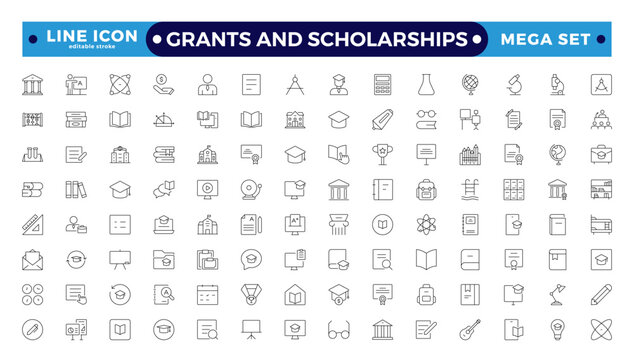 Grants and Scholarships outline icon set. Containing education, research, academic, degree, discipline, bachelor, anpost-graduate icon. Scholarship financial aid, grant. Editable stroke outline icon.
