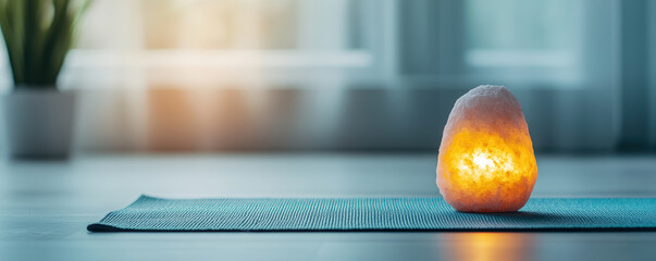 Peaceful yoga corner warm glow Himalayan salt lamp teal yoga mat serene calm tranquility relaxation wellness spa meditation mindfulness home