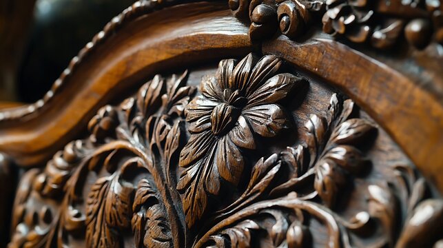 A wooden headboard with a floral design