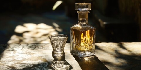 A bottle of Reposado Tequila accompanied by a shot glass for serving, highlighting both the tequila and the glass in a perfect pairing for enjoyment.