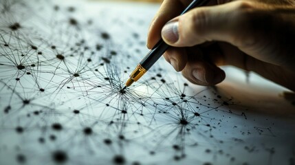 Mind mapping with a hand drawing a web of connected ideas and concepts on paper or digitally