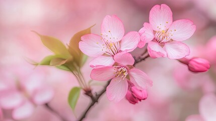 Obraz premium Close-up of pink cherry flowers with a blurred background of blooming blossoms. This captivating scene highlights the beauty of cherry flowers in a garden setting, offering ample copy space.