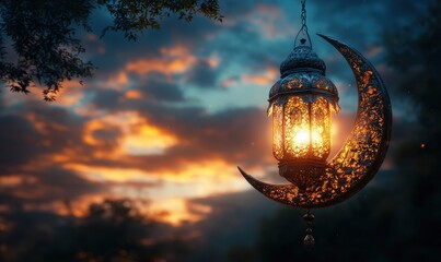 Crescent Moon with Ornate Lantern Hanging Below