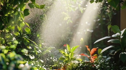 Lush garden landscape in a small courtyard, balcony, or backyard includes a water sprinkler, vibrant plants, and bright sunlight. Ideal for ecological gardening in a dry summer.