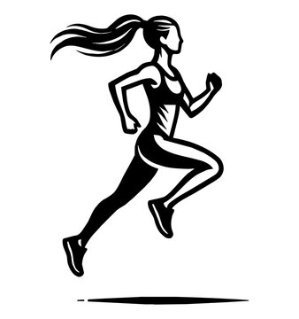 woman running engraving black and white outline