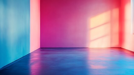 A vibrant, minimalistic room with gradient walls and natural light.