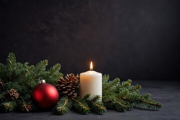 arafed candle and christmas decorations on a dark background