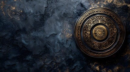 Ornate metallic disc on dark textured background.