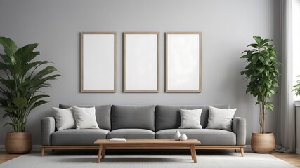 Fototapeta premium Comfortable sofas and multiple pictures frame on wall in living room