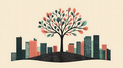 Illustration of a Tree Growing in the Center of a Modern Cityscape