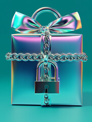 christmas box wrapped with holographic,luxury gift box， iridescent paper. silver chain that forms a bow,Locked with a padlock.Teal background,3d rendering