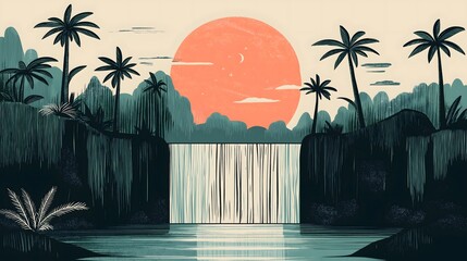 Tropical Waterfall Landscape with Palm Trees and Sunset Illustration