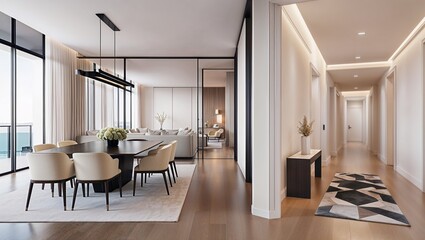 Fototapeta premium Modern interior of apartment, dining room with table and chairs, living room with sofa, hall, panorama 3d rendering