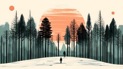 Illustration of Sunset in Winter Forest With Silhouetted Figures and Trees