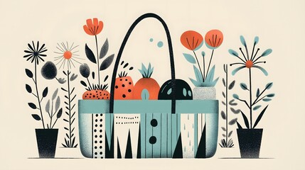 Colorful Illustration of a Basket Surrounded by Vibrant Flowers and Foliage