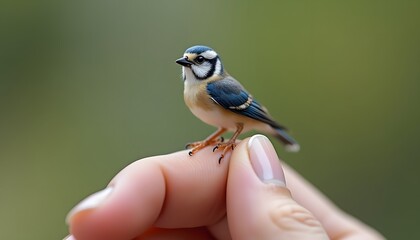 Obraz premium A Tiny Blue Bird Perched Gently on a Fingertip