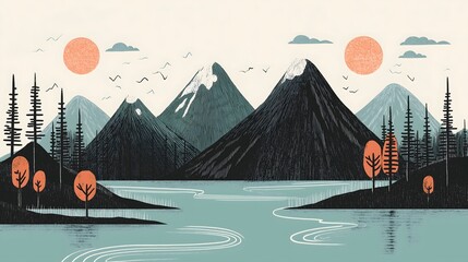Minimalist Landscape Illustration of Mountains and Lake with Trees