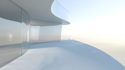 A modern architectural space with curved glass and a smooth surface, emphasizing minimalism.